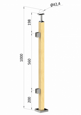 Dřevěný sloup, vrchní kotvení, výplň: sklo, levý, vrch pevný (40x40mm), materiál: buk, broušený povrch bez nátěru