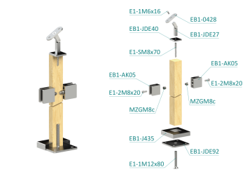 Dřevěný sloup, vrchní kotvení, výplň: sklo, průchozí, vrch nastavitelný (40x40 mm), materiál: buk, broušený povrch s nátěrem BORI (bezbarvý)