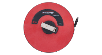 30m sklolaminátové meracie pásmo, páska zakončená očkom s gumovou ochranou, sklopná navíjacia rúčka, pútko