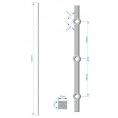 Probíjená tyč délky 2000 mm, opískovaná, profil 14 x 14 mm, rozteč děr 140 mm, oko 14,5 x 14,5 mm, na tyči je 14 děr