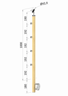 Dřevěný sloup, boční kotvení, 4 řadový, průchozí, vnější, vrch nastavitelný (ø 42mm), materiál: buk, broušený povrch s nátěrem BORI (bezbarvý)