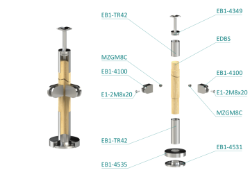 Dřevěný sloup, vrchní kotvení, výplň: sklo, rohový, vrch pevný (ø 42mm), materiál: buk, broušený povrch s nátěrem BORI (bezbarvý)