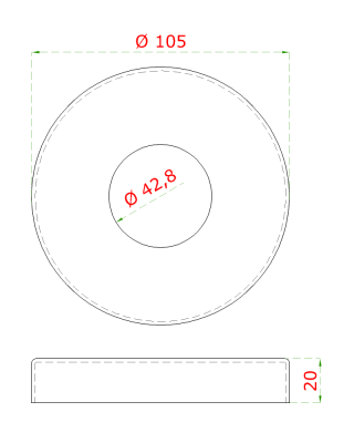 Kryt příruby (ø 105 / 18 mm), otvor ø43 mm, broušená nerez K320 / AISI316