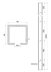 Samonosný systém 80x80x5 mm pro posuvné brány do 300 kg / 5 m průjezd (W39/80Zn 6 m pozinkovaný profil, 1x W-SET80/F)