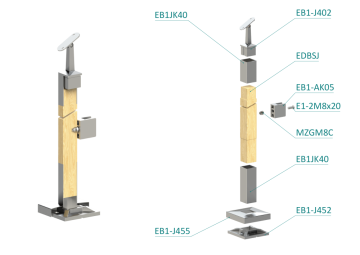 Dřevěný sloup, vrchní kotvení, výplň: sklo, pravý, vrch nastavitelný (40x40mm), materiál: buk, broušený povrch bez nátěru