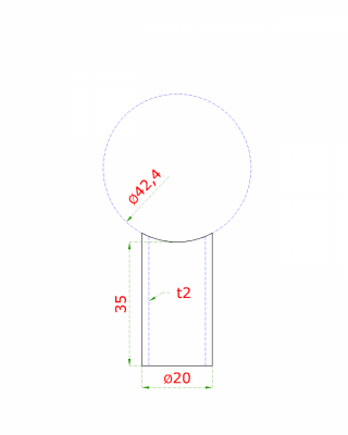 Přechod na vymezení vzdálenosti mezi sloupem ø 42,4 mm a kotevní deskou, ø 20x2,0 mm /L:35 mm, bez vnitřního šroubu, broušená nerez K320 / AISI304, bal: 1ks