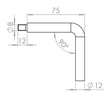Úhelník (90°, vnější závit M8 / vnitřní závit M6, ø 12 mm L: 75x75 mm), broušená nerez K320 / AISI304