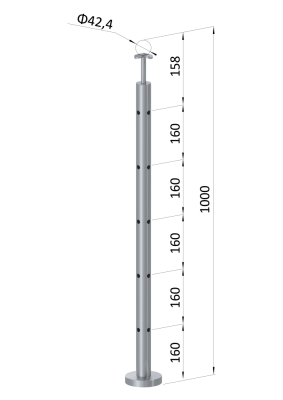 Nerezový sloup, vrchní kotvení, 5 děrový, rohový: 90°, vrch pevný, (ø42,4x2 mm), broušená nerez K320 / AISI304