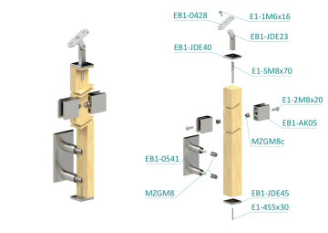 Dřevěný sloup, boční kotvení, výplň: sklo, průchozí, vrch nastavitelný (40x40 mm), materiál: buk, broušený povrch bez nátěru