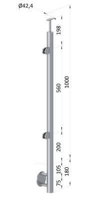 Nerezový sloup, boční kotvení, výplň: sklo, levý, vrch pevný (ø 42,4x2 mm), broušená nerez K320 / AISI304
