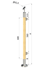 Dřevěný sloup, vrchní kotvení, výplň: sklo, pravý, vrch nastavitelný (ø 42mm), materiál: buk, broušený povrch s nátěrem BORI (bezbarvý)