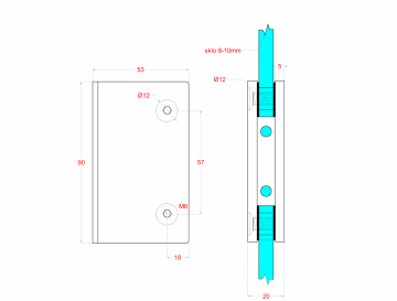 Držák na skleněný dveřní systém, mezi stěnu a sklo, 90x53mm, tloušťka skla 8-10mm, broušená nerez K320/AISI304