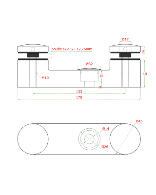 Bodové kotvení skla 6-12,76mm (ploché), dvě bodové svorky skla ø 45mm, broušená nerez K320 /AISI304/, balení obsahuje gumičky na sklo