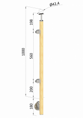 Dřevěný sloup, boční kotvení, výplň: sklo, levý, vrch pevný (ø42 mm), materiál: buk, broušený povrch s nátěrem BORI (bezbarvý)
