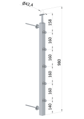 Nerezový sloup na francouzský balkón, boční kotvení, 5 řadový, levý, vrch pevný, (40x40x2 mm), broušená nerez K320 / AIS