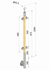 Dřevěný sloup, boční kotvení, výplň: sklo, průchozí, vrch nastavitelný (ø 42mm), materiál: buk, broušený povrch bez nátěru