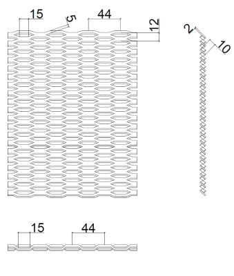 Tahokov Fe, kosočtvercové oko: 44x12mm, mostík: 5mm (2000x1000x1.5mm), orientace oka: rozměr oka 44mm je rovnoběžná s rozměrem tabule 2000mm