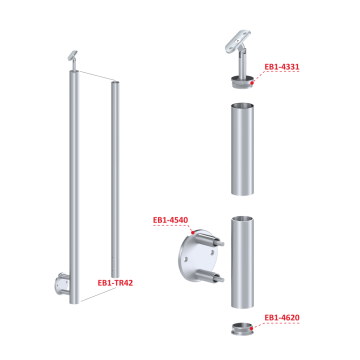Nerezový sloup, boční kotvení, bez výplně, vrch nastavitelný (ø 42,4x2 mm), broušená nerez K320 / AISI304