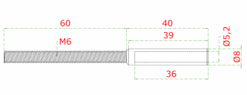 Úchyt (lepicí) pro nerezové lanko ø5 mm s vnějším závitem M6 x 60 mm, (ø 8 mm / L: 100 mm), broušená nerez K320 / AISI316, použít lepidlo MD-GEL454/20