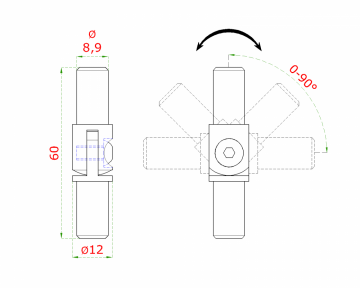 Spoj nastavitelný (0-100°) plný materiál, s kloubem, na trubku ø 12 mm, broušená nerez K320 / AISI304