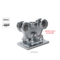 Vozík pro C-profil 70x70x4mm výškově nastavitelný s regulací sklonu, 5x ocelové kolečko s ložiskem 6204ZZ, galvanické zinkování