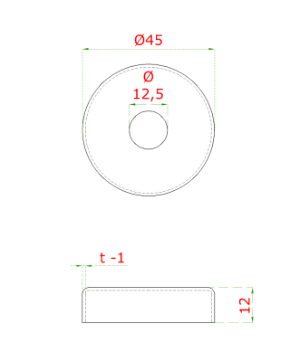 Kryt (ø 45 / 12 mm) otvor ø 12,5 mm, broušená nerez K320 / AISI304