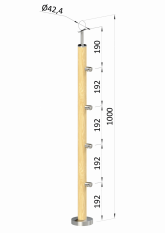 Dřevěný sloup, vrchní kotvení, 4 řady, průchozí, pevný vrchol (ø 42 mm), materiál: buk, broušený povrch bez nátěru