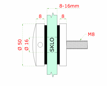 Svorka bodová na sklo 8-16mm plochá (ø 50mm/M8), broušená nerez K320/AISI304, balení obsahuje gumičky na sklo, barva: černá