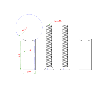 Přechod na vymezení vzdálenosti mezi sloupem ø 42,4 mm a kotevní deskou, ø 20x2,0 mm /L:45 mm, vnitřní šroub: M8x70 mm, broušená nerez K320 / AISI304, bal: 2ks
