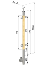 Dřevěný sloup, boční kotvení, výplň: sklo, průchozí, vrch nastavitelný (ø 42mm), materiál: buk, broušený povrch bez nátěru