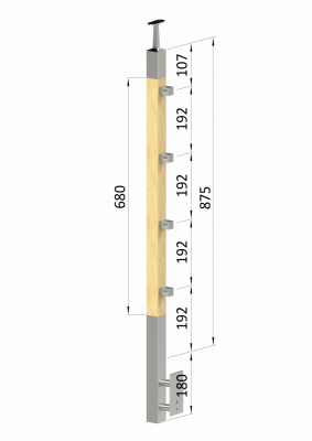 Dřevěný sloup, boční kotvení, 4 řadový, průchozí, vnitřní, vrch pevný (40x40mm), materiál: buk, broušený povrch s nátěrem BORI (bezbarvý)