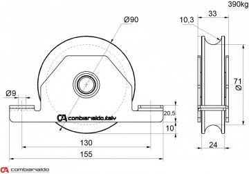 Kladka ø 90 mm pro zapuštění do jeklu dvouložisková Combi Arialdo, C902/20 profil, nosnost 390 kg