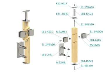 Dřevěný sloup, boční kotvení, výplň: sklo, průchozí, vrch pevný (40x40 mm), materiál: buk, broušený povrch bez nátěru