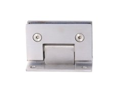 Závěs na skleněný dveřní systém, mezi stěnu a sklo, 90x53x62 mm, tloušťka skla 8-10 mm, broušená nerez K320 / AISI304, samouzavírání +-15° a samozastavení +-90°