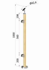 Dřevěný sloup, vrchní kotvení, výplň: sklo, levý, vrch nastavitelný (ø 42mm), materiál: buk, broušený povrch s nátěrem BORI (bezbarvý)