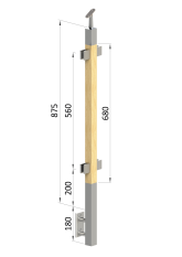 Dřevěný sloup, boční kotvení, výplň: sklo, průchozí, vrch nastavitelný (40x40mm), materiál: buk, broušený povrch s nátěrem BORI (bezbarvý)