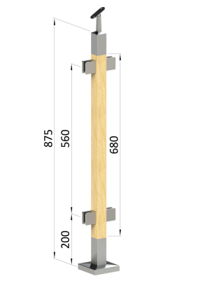Dřevěný sloup, vrchní kotvení, výplň: sklo, průchozí, vrch nastavitelný (40x40mm), materiál: buk, broušený povrch s nátěrem BORI (bezbarvý)