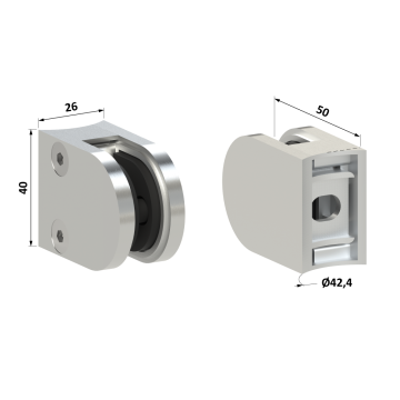 Svorka skla na trubku ø 42.4mm (50x40x26mm) pro sklo 6-10.76mm, broušená nerez K320 /AISI304/, balení neobsahuje gumičky na sklo