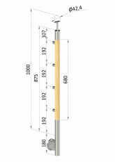 Dřevěný sloup, boční kotvení, 4 řadový, průchozí, vnitřní, vrch pevný (ø 42mm), materiál: buk, broušený povrch bez nátěru