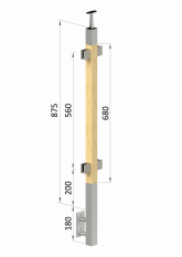 Dřevěný sloup, boční kotvení, výplň: sklo, průchozí, vrch pevný (40x40mm), materiál: buk, broušený povrch s nátěrem BORI (bezbarvý)