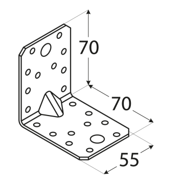úhelník s prolisem 70x70x55mm, 2,0mm, pozink, díry průměr 5mm-20ks, 11mm-2ks
