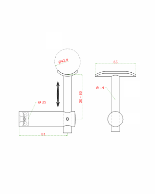 Držák madla pevný / ploché uchycení na jekl / madlo ø42,4 mm, broušená nerez K320 / AISI304