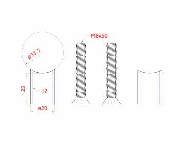 Přechod na vymezení vzdálenosti mezi sloupem ø 33,7 mm a kotevní deskou, ø 20x2,0 mm /L:25 mm, vnitřní šroub: M8x50 mm, broušená nerez K320 / AISI304, bal: 2ks