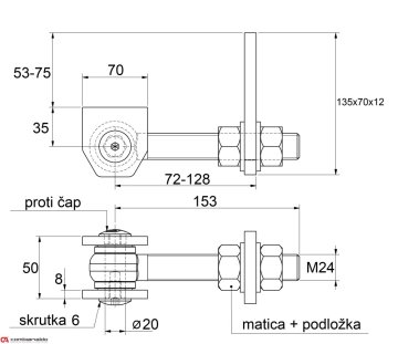 Combi Arialdo navařovací pant M24, otevíratelný 180°, nastavitelný 2D, částečně pozinkovaný