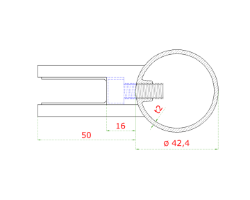 Nerezový sloup, vrchní kotvení, výplň: sklo, levý, vrch pevný (ø42,4x2 mm), broušená nerez K320 / AISI304