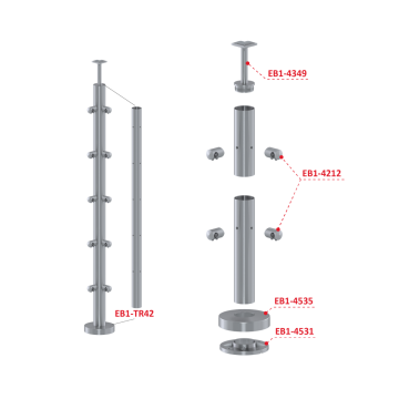 Nerezový sloup, vrchní kotvení, 5 řadový, rohový: 90°, vrch pevný (ø42,4x2 mm), broušená nerez K320 / AISI304