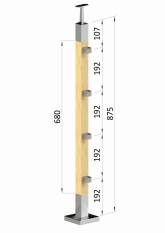 Dřevěný sloup, vrchní kotvení, průchozí, 4 řadový, vrch pevný (40x40mm), materiál: buk, broušený povrch bez nátěru