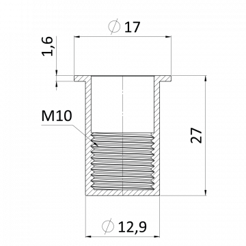 Nitovacia matica M5/0.5-3.0/ plochá hlava, rýhovaný driek, uzavretá, VZ L = 17mm - Rozměr: Průměr 10/17, Závit: M5, Vrtání: 7