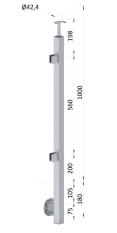 Nerezový sloup, boční kotvení, výplň: sklo, levý, vrch pevný (40x40 mm), broušená nerez K320 / AISI304