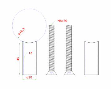 Přechod na vymezení vzdálenosti mezi sloupem ø 48,3 mm a kotevní deskou, ø 20x2,0 mm /L:45 mm, vnitřní šroub: M8x70 mm, broušená nerez K320 / AISI304, bal: 2ks